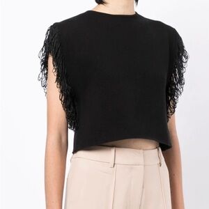 ANNA QUAN VERONIQUE TOP in Raven Black with Fringed Trim Size 8